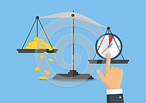 Vector illustration. Money and time balance on the scale.