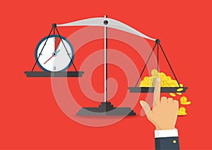 Vector illustration. Money and time balance on the scale.