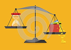 Vector illustration. Money and time balance on the scale. Business concept.