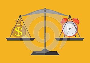 Vector illustration. Money and time balance on the scale. Business concept.