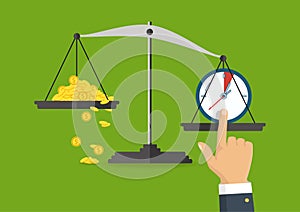 Vector illustration. Money and time balance on the scale. Business concept.