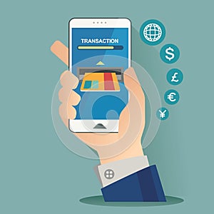 Vector illustration for money transaction, technology, business, mobile banking and mobile payment