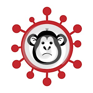 Vector illustration of monkey ape icon in red virus molecula- symbol of danger and alertness. Monkeypox 2022 virus photo