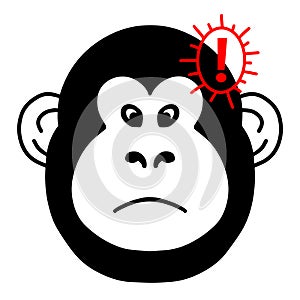 Vector illustration of monkey icon with red exclamation point - symbol of danger and alertness. new Monkeypox 2022 virus photo