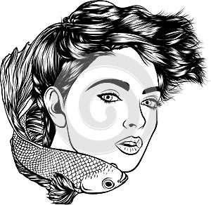 vector illustration of monochrome girl with fish in her hair