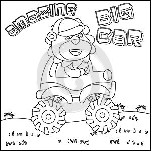 Vector illustration of monster truck with cute animal driver. Cartoon isolated vector illustration, Creative vector Childish