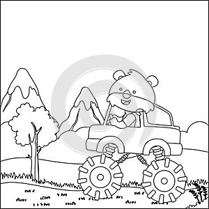 Vector illustration of monster truck with cute animal driver. Cartoon isolated vector illustration, Creative vector Childish