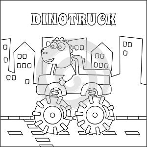 Vector illustration of monster truck with cute dinosaur driver. Cartoon isolated vector illustration, Creative vector Childish