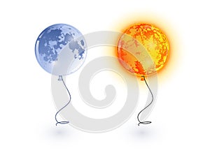 Vector illustration: moon and sun as flying balloons on ribbons