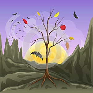 Vector illustration of moonrise, bare tree silhouette and flying bats at rocky landscape in cartoon style. scary or