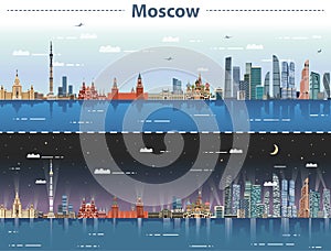 Vector illustration of Moscow city skyline at day and night