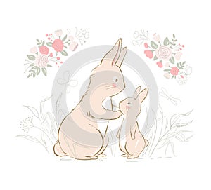 Vector illustration of the mother bunny and baby bunny. Mother and baby rabbits surrounded by rose flowers