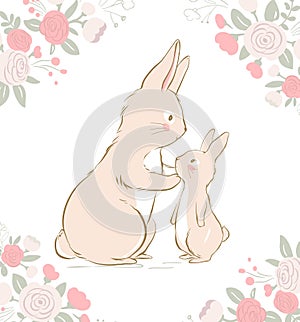 Vector illustration of the mother bunny and baby bunny. Mother and baby rabbits surrounded by rose flowers frame