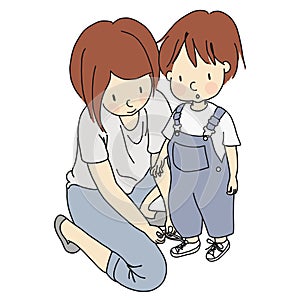 Vector illustration of mother helping cute little child tie shoelaces