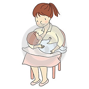 Vector illustration of mother holding baby in arms and breastfeeding. Family concept - mom & kid, heath, lactation, happy