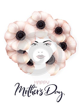 Vector illustration of mother`s day greetings banner template with woman portrait with blooming anemone flowers as hair