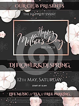 Vector illustration of mother`s day invitation party poster template with paper origami spring apple flowers and hand