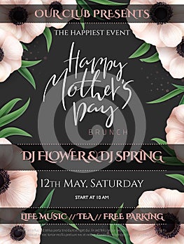 Vector illustration of mother`s day invitation party poster template with realistic blooming anemone flowers, eucalyptus