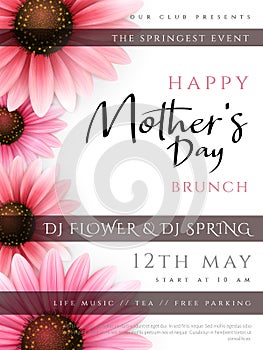 Vector illustration of mother`s day invitation party poster template with realistic blooming gerbera flowers and custom