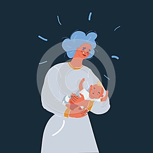 Vector illustration of Mother in tears with baby child Postpartum depression on dark backroud
