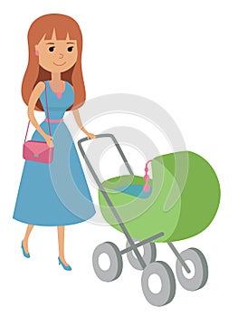 Vector illustration of mother walking with newborn baby on baby stroller on white background. Young woman in blue dress p