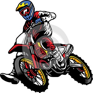 Vector illustration of motocross rider or racer take a turn and overtake at race in cartoon style full color