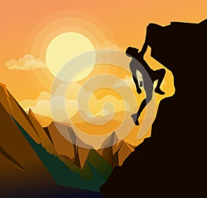 Vector illustration of mountain climbing man on the mountains rock on sunset background in flat style. Motivation