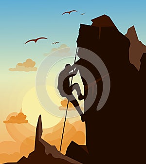 Vector illustration of mountain climbing man on the mountains rock on sunset sky with birds background in flat style