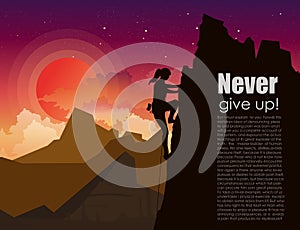 Vector illustration of mountain climbing woman on the mountains rock on sunset sky with stars and clouds background in