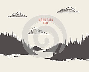 Vector illustration mountain lake pine forest draw