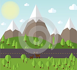 Vector illustration Mountain landscape beside the road, the hills are covered