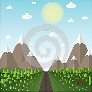 Vector illustration Mountain landscape beside the road, the hills are covered with forests, clear sky clouds and sun