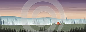 Vector illustration of mountain landscape with silhouettes of misty pine trees in forest with sunrise, Peaceful panoramic natural