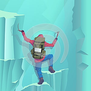 Vector illustration of a mountaineer climbing to the top of a winter slope slope