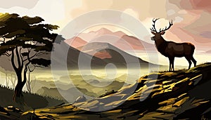 Vector illustration mountains woodland background with reindeer caribou against