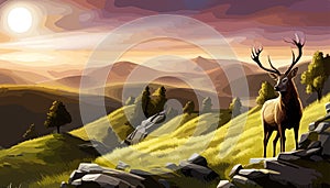 Vector illustration mountains woodland background with reindeer caribou against