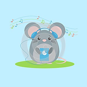 Vector illustration of mouse listens to music.