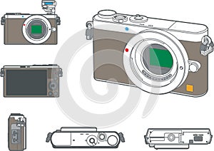 A vector illustration of a multi-angle view of a digital mirrorless camera without a lens