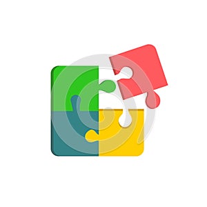 Vector illustration of multicolored broken jigsaw puzzle with one element apart. Mental health team work logic games concept