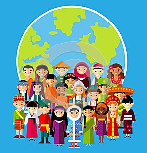 Vector illustration of multicultural national children, people on planet earth