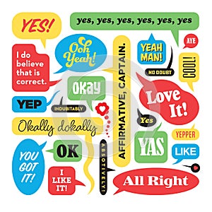 Vector Illustration of multiple cartoon speech bubbles with variations on the word, yes.