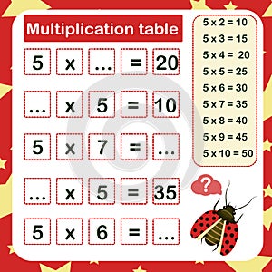 Vector illustration of the multiplication table by 5 with a task to consolidate