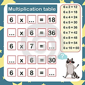Vector illustration of the multiplication table by 6 with a task to consolidate photo