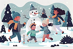 Vector Illustration of multiracial kids playing outdoors. Girls and boys making snowman in winter, children playing in snowballs,