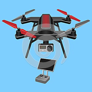 Vector illustration of multirotor dark-ruddy helicopter lifted and propelle