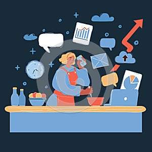 Vector illustration of multitask woman, who working at home and cooking at the same time. Human character on dark