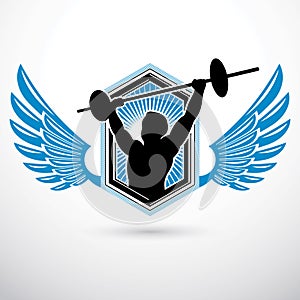Vector illustration of muscular bodybuilder holding barbell. Power lifting competition.