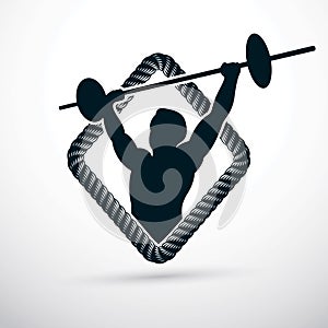 Vector illustration of muscular bodybuilder holding barbell. Power lifting competition.