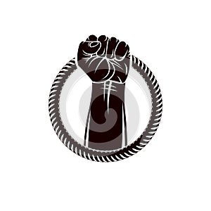 Vector illustration of muscular clenched fist of strong man raised up and surrounded by rope. Revolution leader concept, civil wa