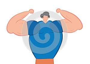 Vector illustration muscular man shows his arm muscles. Hand drawn